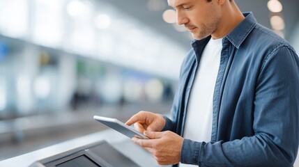 Young man using a digital tablet while standing near a self-service kiosk in a modern airport terminal, showcasing technology and convenience in travel