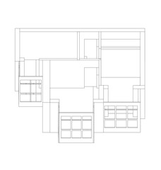 Detailed blueprint of a first-floor apartment plan, showing room layout, window placement, door positions, and structural contours.