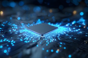 3D render of blue glowing data flowing around a chip in the center on a dark background with a bokeh effect, close-up.