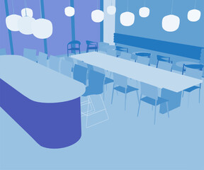 A kitchen area with a long table and chairs, illuminated by hanging ceiling lights. A central desk is surrounded by seating in the silhouette-filled room.