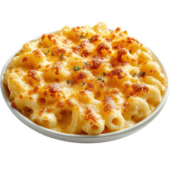 Delicious homemade macaroni and cheese baked in a white bowl topped with melted cheddar and thyme perfect for comfort food and family dinners on transparent background