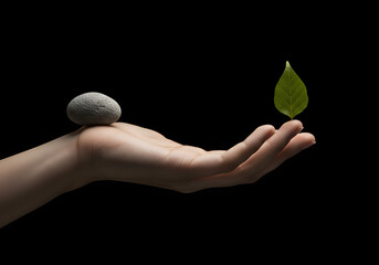Hand holding stone and leaf against transparent background