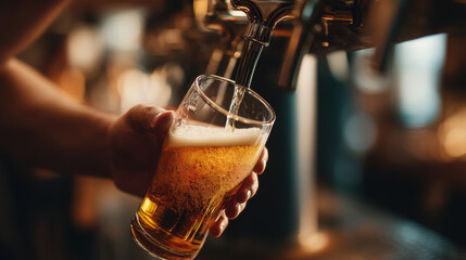 a hand pouring draft beer from a sleek black beer tap into a glass chalice. inside a bar.