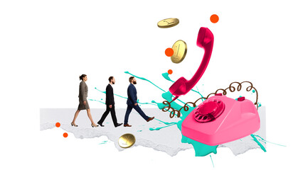 Graphic collage. Group of business people walking toward pink rotary phone with flying coins....