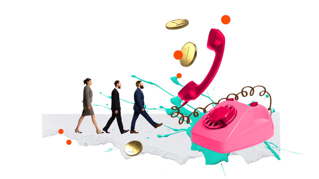 Graphic collage. Group of business people walking toward pink rotary phone with flying coins. Concept of cold calling, direct sales, B2B marketing, lead generation, and financial communication.
