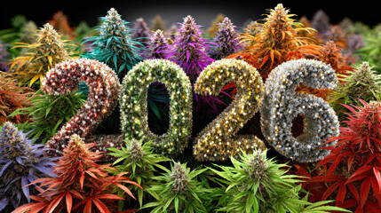 2026 and surreal colorful cannabis plants. New Year