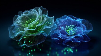 Digital holographic flowers glowing green and blue light tech inspired floral design