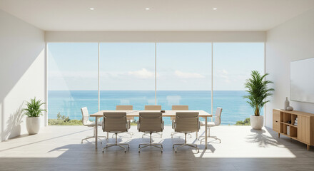 Modern office meeting room overlooking ocean view creating a calm, professional atmosphere