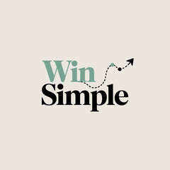 The words win simple are displayed in a modern font with a dotted arrow graphic curving upwards indicating growth and success in a clean minimalist design