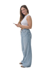 Happy woman holding a smartphone and smiling