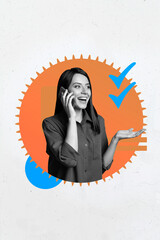 Sketch contemporary pop photo collage of happy businesswoman hold laptop checkmark approval sign...
