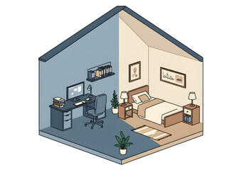 Isometric house illustration showing bedroom and office space