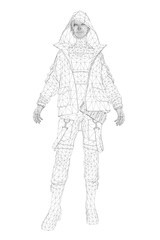 A woman in military clothing and equipment stands against a white background, depicted in a detailed wireframe style.