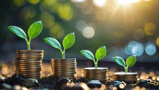 Money stack step with plant growing on coins symbolizing finance growth
