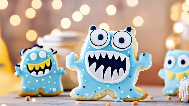 Festive blue monster cookies with sparkling bokeh lights