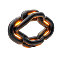 Metallic chain links glow with orange light against a black backdrop creating a strong visual representation of connection and industrial strength on transparent background