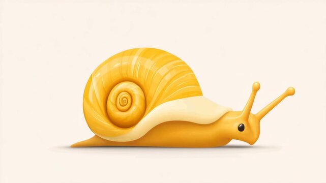 A sunny yellow snail with a spiral shell against a clean, off-white background