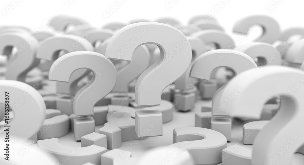 Poster Many light-gray question marks in 3D, creating a dense, abstract texture symbolizing uncertainty, inquiry, and the search for answers