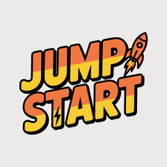 Dynamic jump start word art with a retro rocket ship illustration symbolizing ambition new beginnings and launching into success with vibrant orange and yellow striped lettering