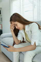 Unhappy asian woman girl disappointed, sad about problem in home alone, feel lonely, Stressed,...