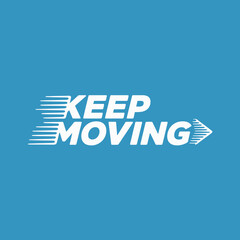 Inspiring keep moving forward text with arrow and speed lines against a vibrant blue background symbolizing progress and motivation