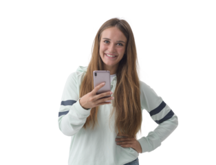 Happy young woman using her smartphone