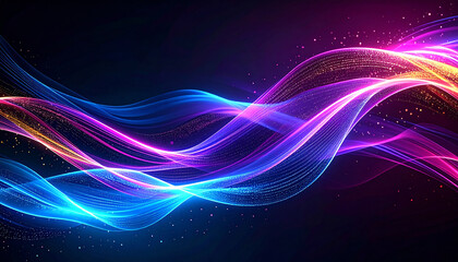 Abstract futuristic background featuring flowing waves of vibrant glowing neon light and shimmering energy particles