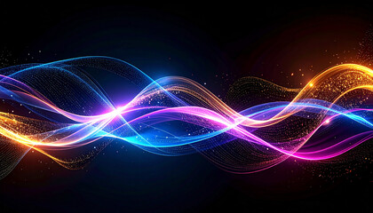 Abstract vibrant neon light waves flowing with sparkling particles on a dark background