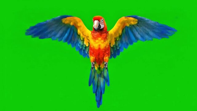 3D cartoon parrot flying with open wings on green screen
