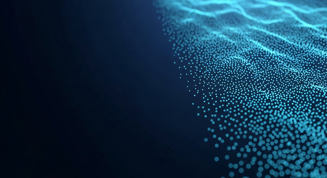 Abstract image of blue particles forming waves on dark background, suggesting movement, technology, or data flow, ideal for tech or digital concepts