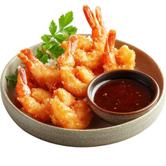 Delicious crispy fried shrimp tempura served with a savory dipping sauce and fresh parsley garnish in a ceramic bowl perfect for appetizers and snacks on transparent background