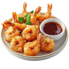 Delicious crispy fried shrimp tempura served with a savory dipping sauce on a plate perfect for appetizers or a seafood dinner experience on transparent background