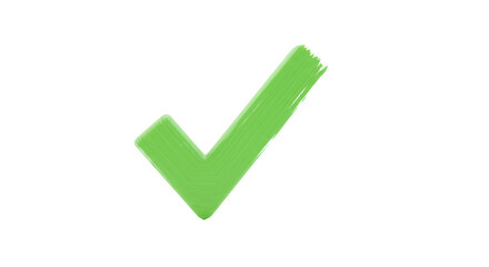 Pristine, vibrant green checkmark with subtle hand-drawn brushstroke texture, dynamically placed on a seamless transparent studio background with high-key lighting, concept of success and approval