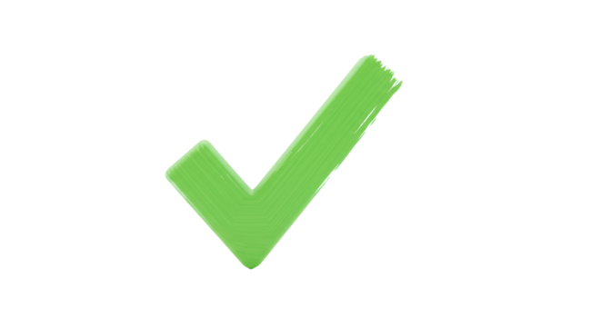 Pristine, vibrant green checkmark with subtle hand-drawn brushstroke texture, dynamically placed on a seamless transparent studio background with high-key lighting, concept of success and approval