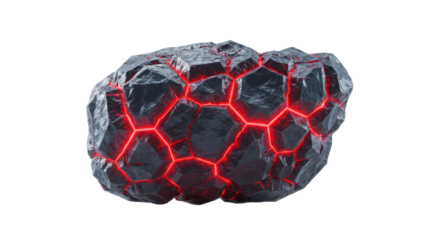 Intricate dark gray and blue-gray 3D abstract form with glowing crimson veins, disrupted texture, floating on transparent background with copy space, concept of critical insights