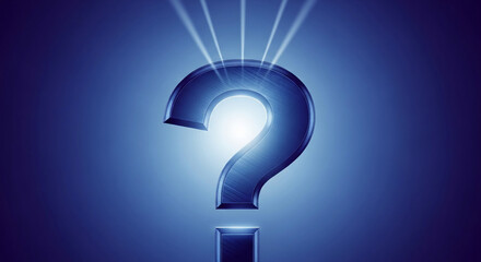 Blue metallic question mark, illuminated from within, on a dark blue background, symbolizing inquiry, uncertainty, or problem-solving Free space for text