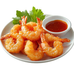 Delicious crispy fried shrimp served on a white plate with a side of sweet chili sauce and garnished with fresh celery leaves for a tasty appetizer treat on transparent background