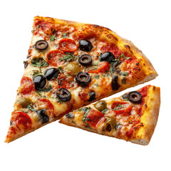 Two delicious slices of pepperoni pizza topped with black olives and green peppers create an appetizing food photography scene on transparent background