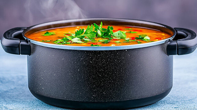 Steaming Pot of Colorful Soup Garnished with Fresh Herbs on a Kitchen Countertop
