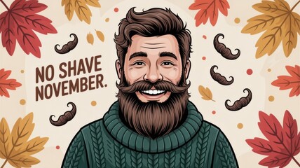 Cartoon illustration of smiling bearded man wearing dark green knitted sweater surrounded by colorful autumn leaves and mustache icons with No Shave November text on background