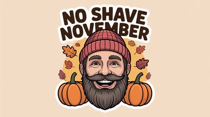 Cartoon sticker illustration of smiling bearded man wearing red knit hat surrounded by pumpkins and autumn leaves with bold text No Shave November on beige background