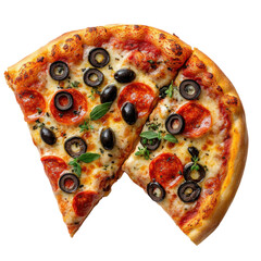 Two slices of pepperoni pizza with black olives and basil create an appetizing and delicious culinary experience for food lovers on transparent background