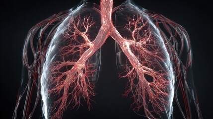 Detailed representation of human lungs showcasing bronchial trees and blood vessels, emphasizing their structure and function in respiratory health and anatomy.
