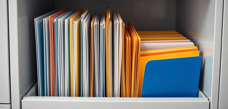 Neatly organized hanging file folders in a filing cabinet,  data,  neat