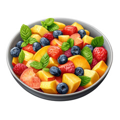 Fresh fruit salad with strawberries blueberries raspberries mango and peaches in a bowl garnished with mint leaves for a healthy and vibrant dessert on transparent background