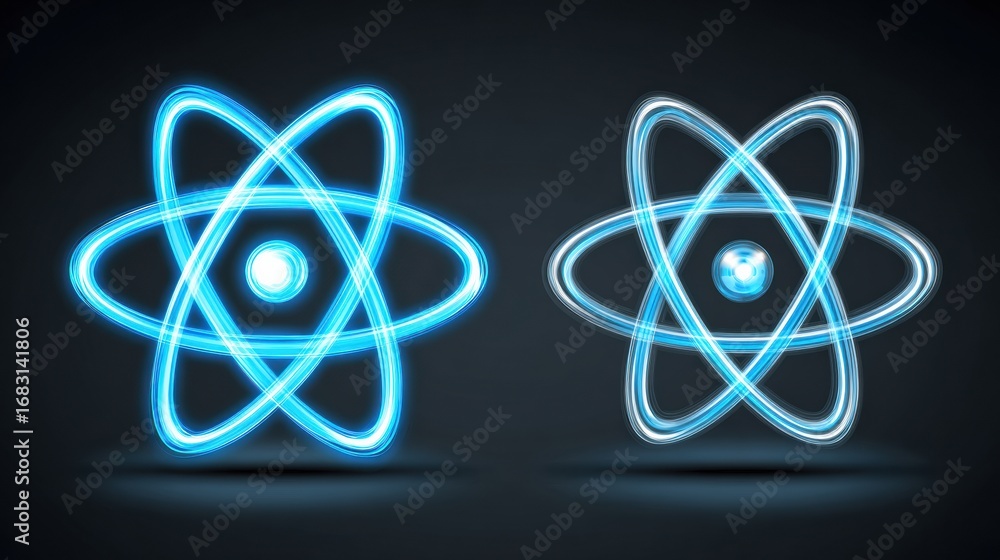 Poster visual representation of atomic structures featuring dynamic blue energy patterns on a black backgro