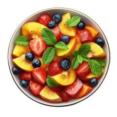 Fresh fruit salad with strawberries blueberries peaches and kiwi in a white bowl garnished with mint leaves perfect for a healthy snack or dessert on transparent background
