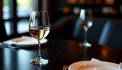 A glass of white wine sits elegantly on a dark wooden table. With a second glass in the background. A pair of white plates are next to the glasses with a fork and knife in the scene.