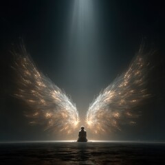 Fototapeta premium Man with Angel Wings Glowing in Light, illustration, fantasy art