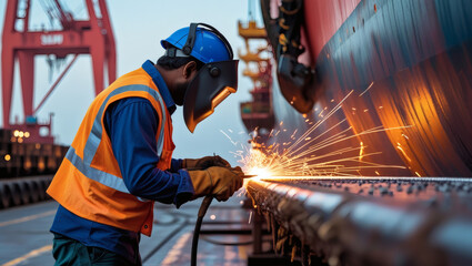 “An Indian shipyard worker in reflective safety vest and helmet, welding or inspecting a ship’s metal surface at port, sparks flying, industrial tools nearby, candid action shot, realistic photography